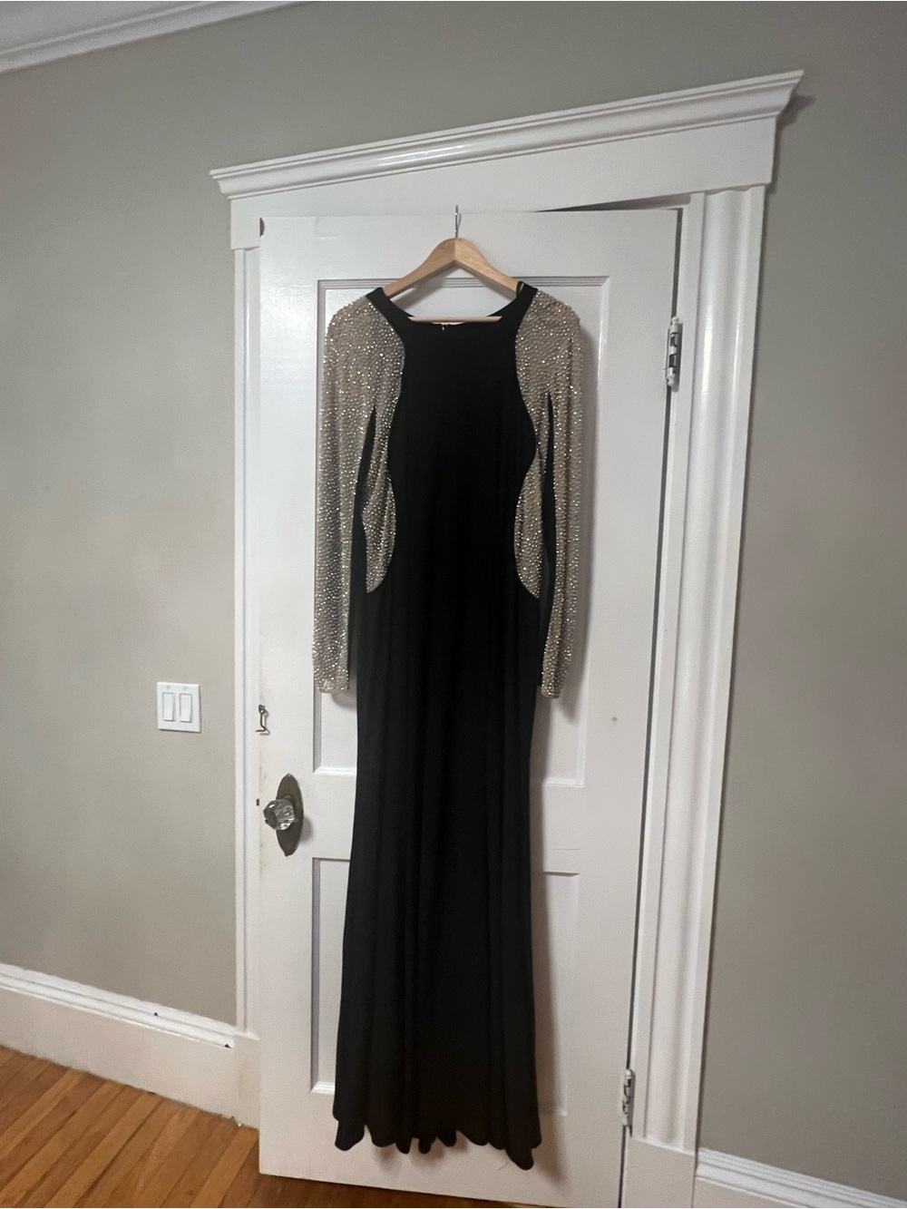 Xscape Black Evening Gown with Silver Sequin Long Sleeves